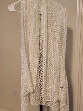Kaktus White Open Knit Crochet Long Duster Vest Boho Asymmetrical